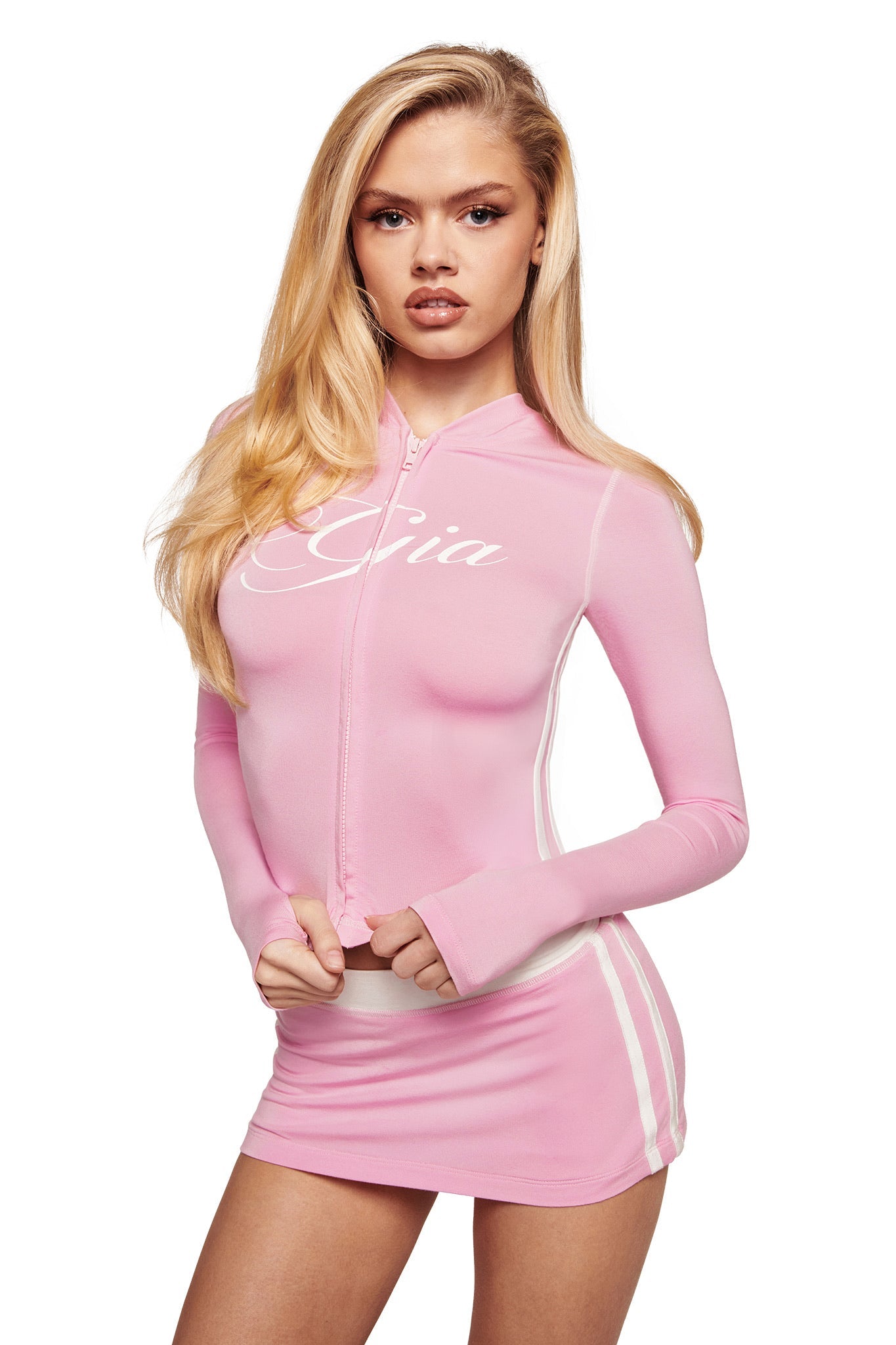 BLARE PIPING HOODIE - BABY PINK AND WHITE